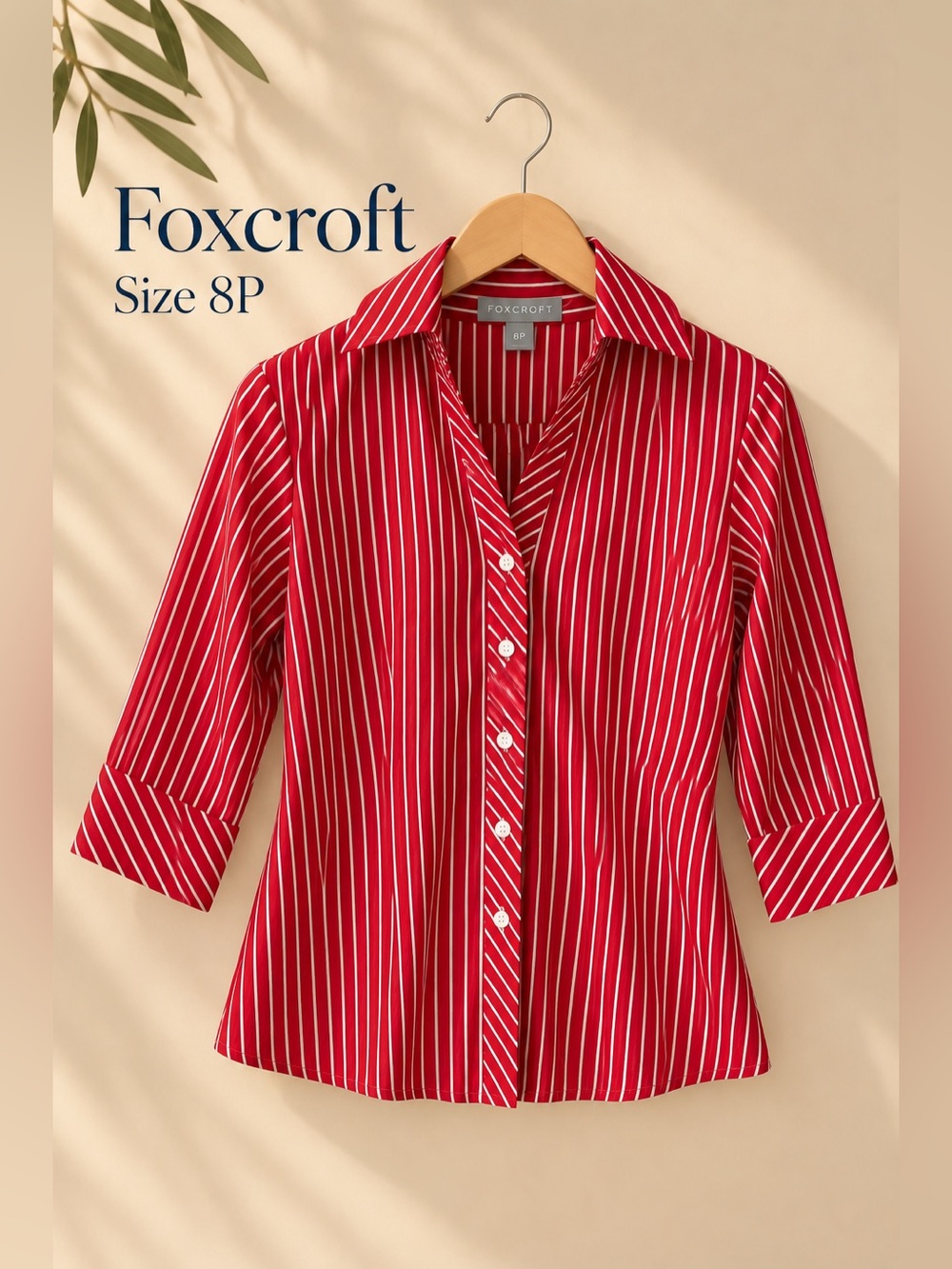 Foxcroft Red White Striped Fitted Cotton Button Down Shirt 8 Petite
